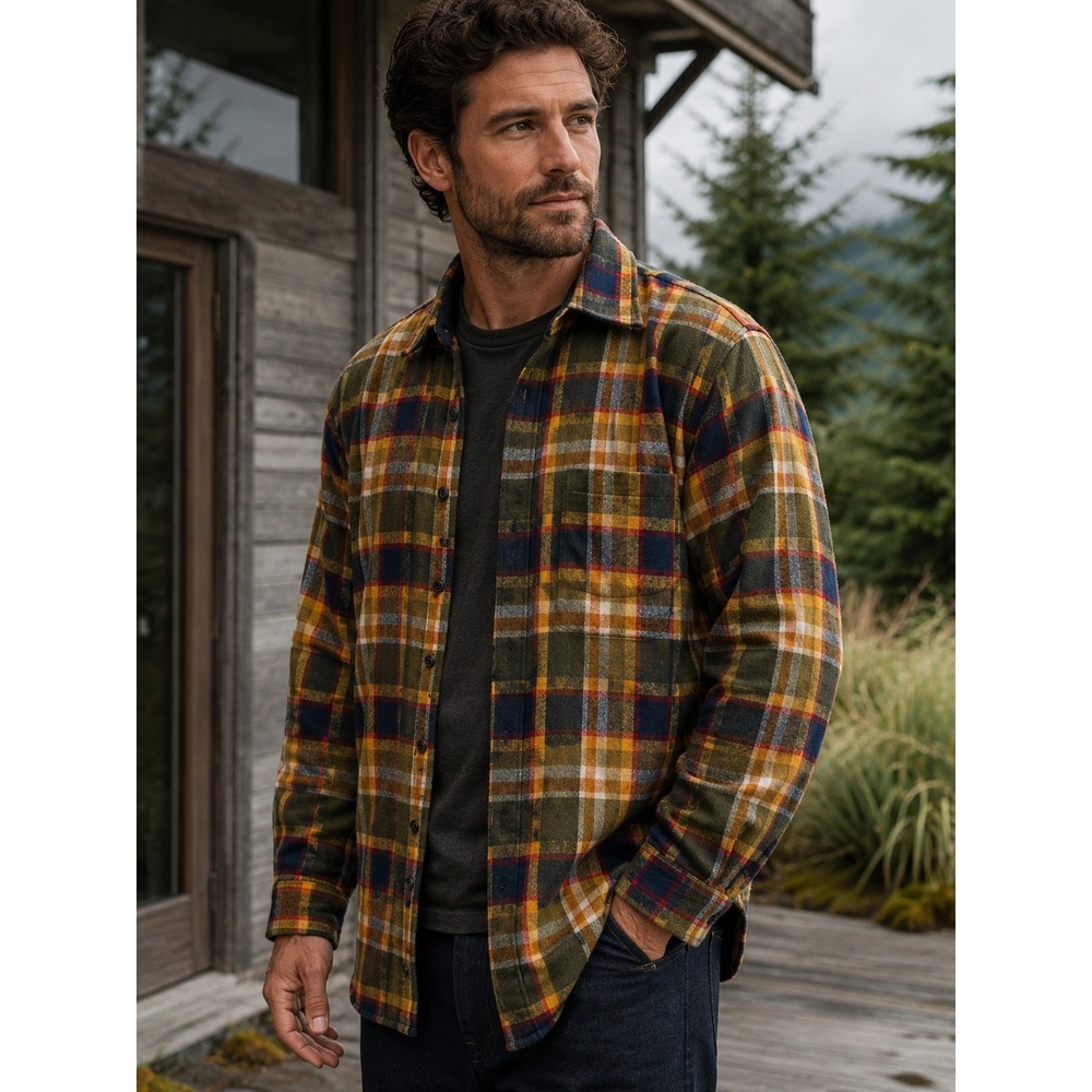 Pendleton Lodge Virgin Wool Plaid Flannel Button Down Shirt Olive Navy Gold M